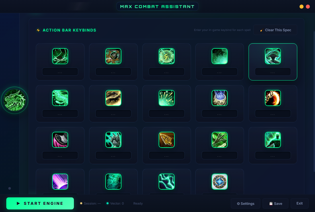Max Combat Assistant — action bar keybinds and spell grid
